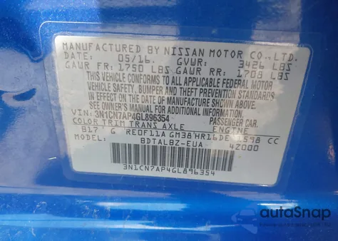 2016 Nissan Versa 1.6 S/1.6 S+/1.6 Sl/1.6 Sv из США, поврежденный, VIN 3N1CN7AP4GL896354